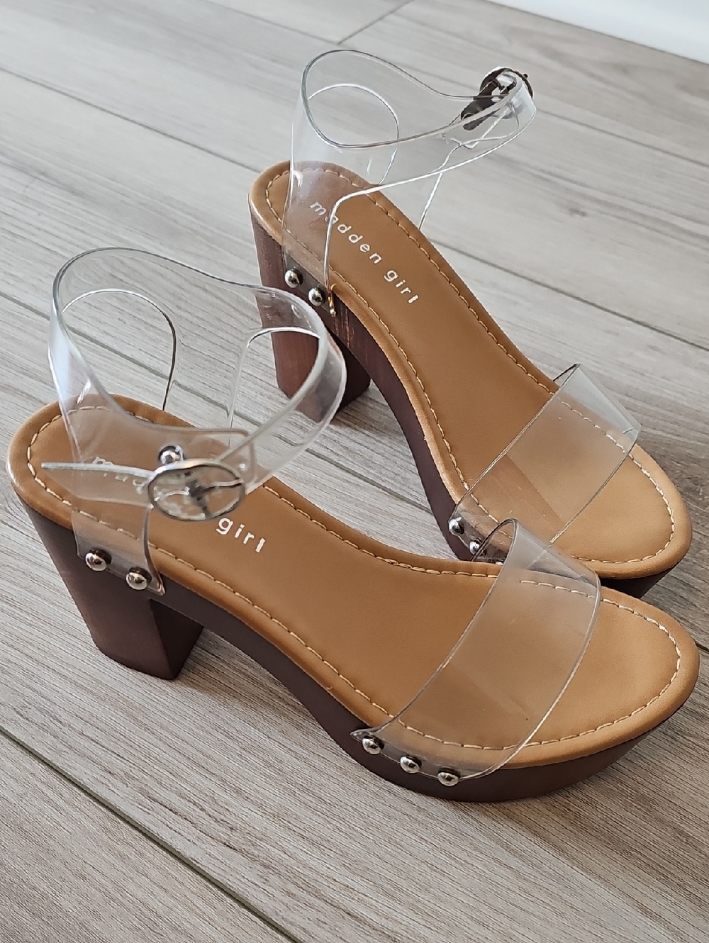 Madden Girl Clear Strap Block Heel Sandals - Brown Heel